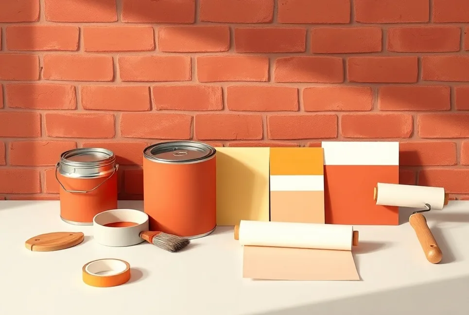 Pots de peinture, nuancier, brosses et rouleaux disposés à plat