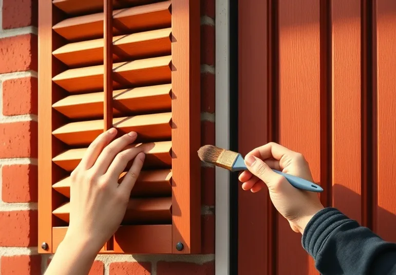 Mise en peinture au pinceau de volets et d'encadrements en bois