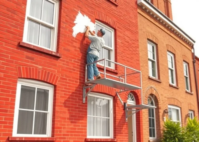 Peintre sur échafaudage traitant la façade d'une maison